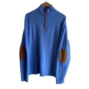 Alan Flusser 100% Cashmere 1/4 Zip Sweater Men Large Blue Elbow Patch Preppy